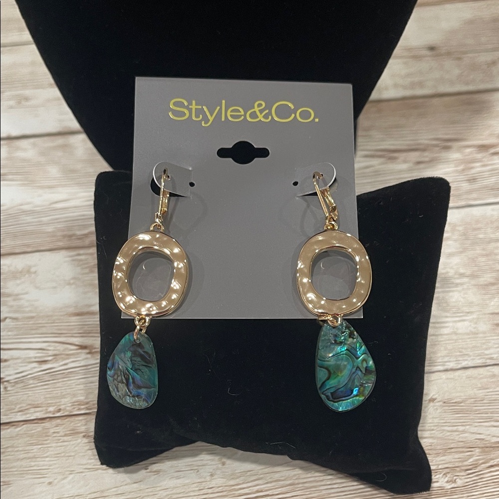 Style & Co Gold‎ Tone Abalone Shell Teardrop Oval Drop Earrings NEW